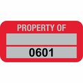 Lustre-Cal PROPERTY OF Label, 5 Alum Dark Red 1.50in x 0.75in  1 Blank Pad & Serialized 0601-0700, 100PK 253769Ma2Rd0601